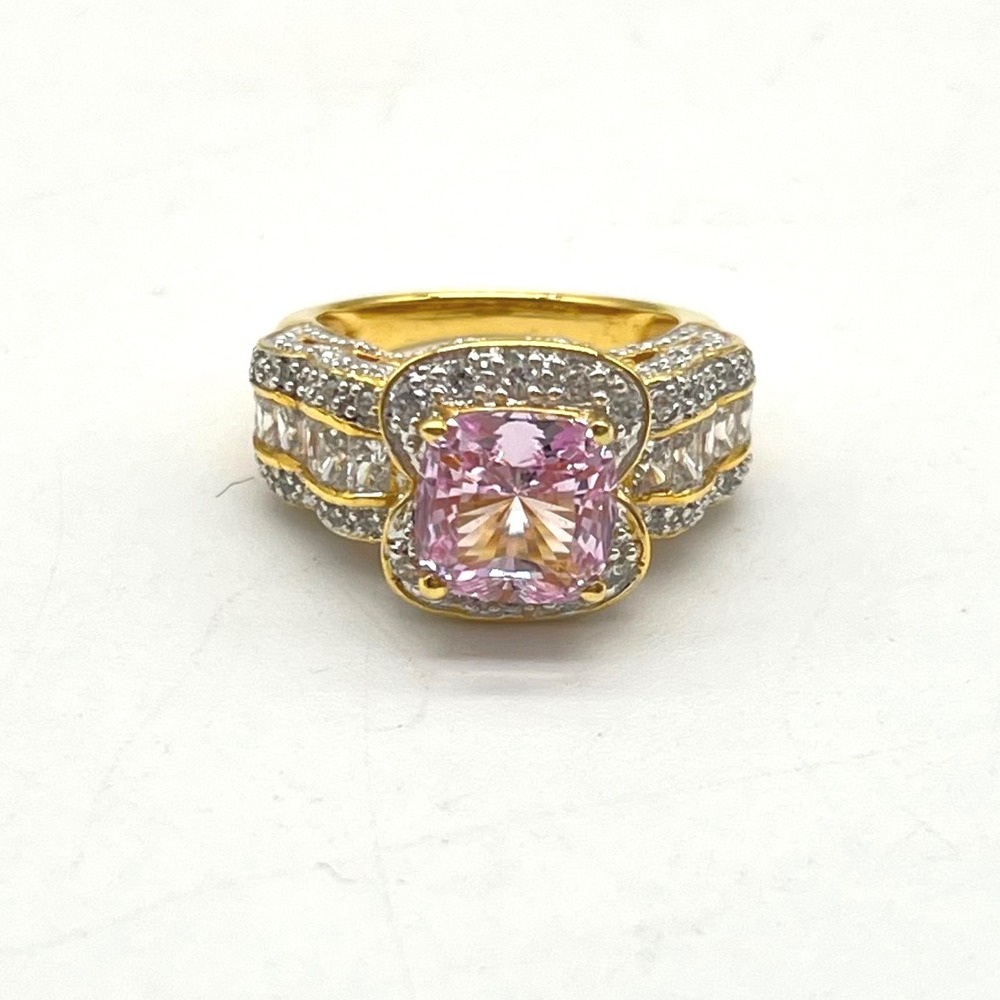 925‎ MEDA Gold Over Sterling Silver Pink Cushion Cut Halo Statement Ring Size 5